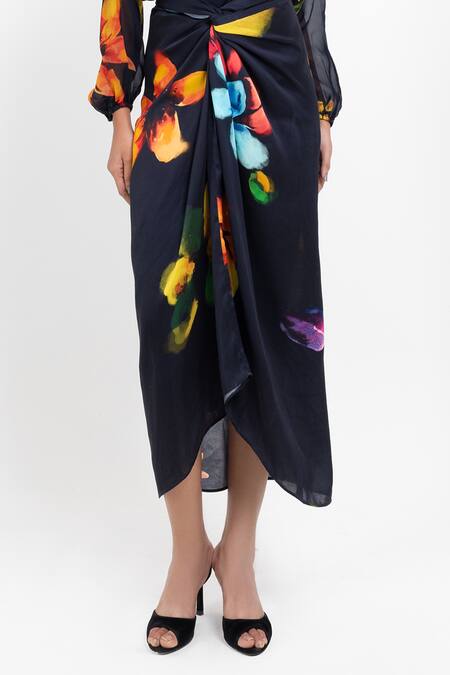 Buy_Pop Sugar_Black Vegan Silk Floral Print Draped Skirt _Online_at_Aza_Fashions