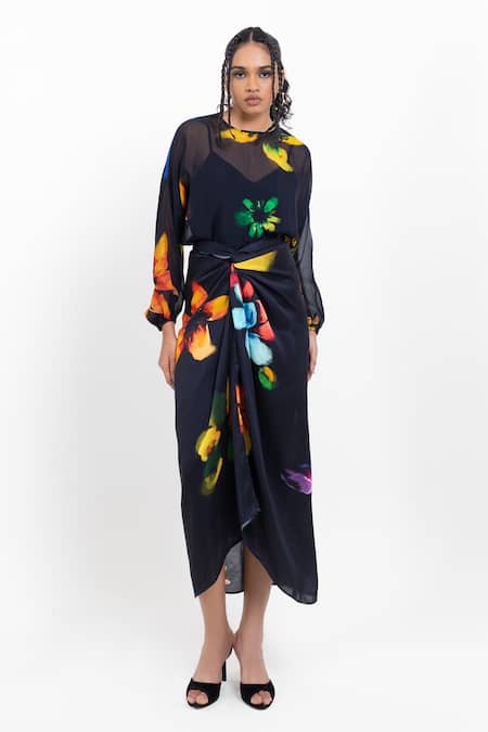 Shop_Pop Sugar_Black Vegan Silk Floral Print Draped Skirt _Online_at_Aza_Fashions