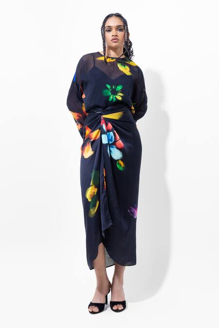 Pop Sugar_Black Organza Round Neck Floral Print Top _Online_at_Aza_Fashions