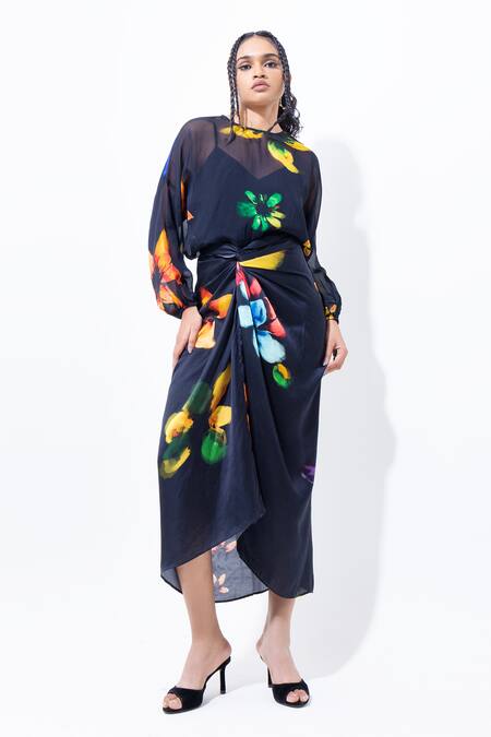 Buy_Pop Sugar_Black Organza Round Neck Floral Print Top _Online_at_Aza_Fashions