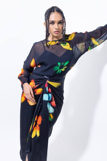 Shop_Pop Sugar_Black Organza Round Neck Floral Print Top _Online_at_Aza_Fashions