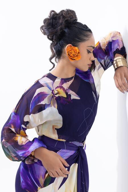 Buy Pop Sugar Purple Organza Round Neck Floral Top Online at Aza Fashions Buy_Pop Sugar_Purple Organza Round Neck Floral Top _Online_at_Aza_Fashions