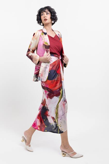 Pop Sugar_Red Vegan Silk Multicolor Printed Blazer _Online_at_Aza_Fashions