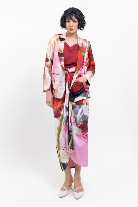 Pop Sugar Red Vegan Silk Multicolor Printed Blazer