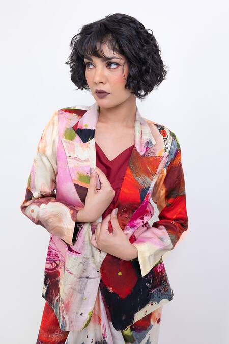 Buy_Pop Sugar_Red Vegan Silk Multicolor Printed Blazer _Online_at_Aza_Fashions