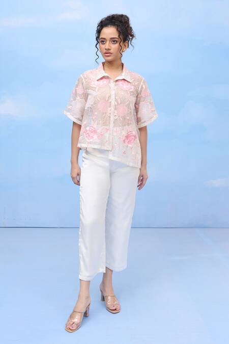Couché By Anandini Multi Color Silk Organza Applique Collared Sweet Cherry Blossom Shirt Online at Aza Fashions Couché By Anandini_Multi Color Silk Organza Applique Collared Sweet Cherry Blossom Shirt _Online_at_Aza_Fashions