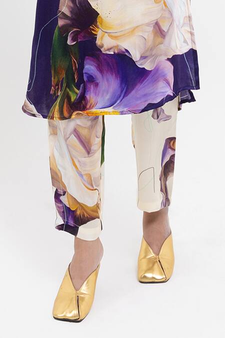 Pop Sugar_Purple Vegan Silk, Velour Round Neck Floral Print Kurta And Pant Set _Online_at_Aza_Fashions