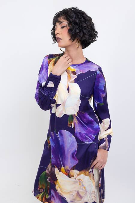 Buy_Pop Sugar_Purple Vegan Silk, Velour Round Neck Floral Print Kurta And Pant Set _Online_at_Aza_Fashions