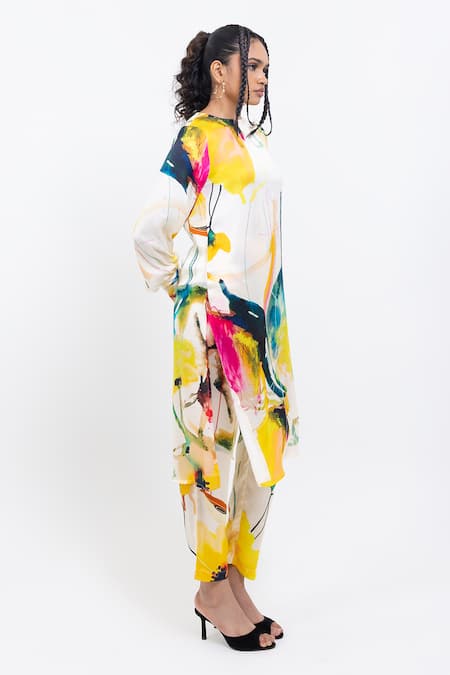 Pop Sugar_Multi Color Vegan Silk Round Neck Kurta Pant Set _Online_at_Aza_Fashions