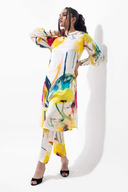 Buy_Pop Sugar_Multi Color Vegan Silk Round Neck Kurta Pant Set _Online_at_Aza_Fashions