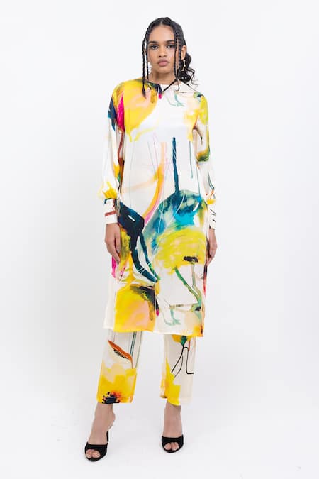Pop Sugar Multi Color Vegan Silk Round Neck Kurta Pant Set 