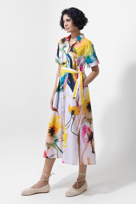 Pop Sugar_Multi Color Cotton Collared Printed Midi Dress With Belt _Online_at_Aza_Fashions
