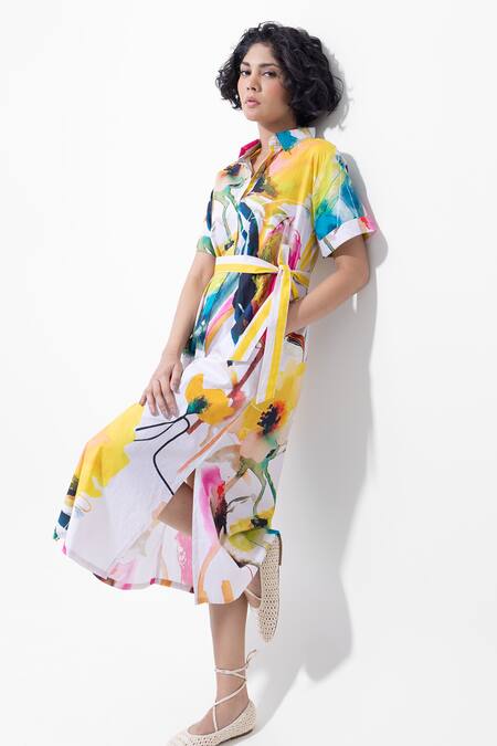 Buy_Pop Sugar_Multi Color Cotton Collared Printed Midi Dress With Belt _Online_at_Aza_Fashions