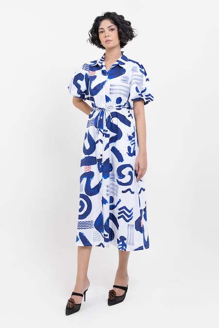 Pop Sugar Blue Cotton Collared Indigo Printed Midi Dress