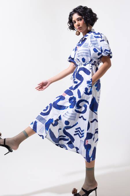 Pop Sugar_Blue Cotton Collared Indigo Printed Midi Dress _Online_at_Aza_Fashions