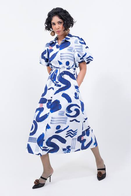 Buy_Pop Sugar_Blue Cotton Collared Indigo Printed Midi Dress _Online_at_Aza_Fashions