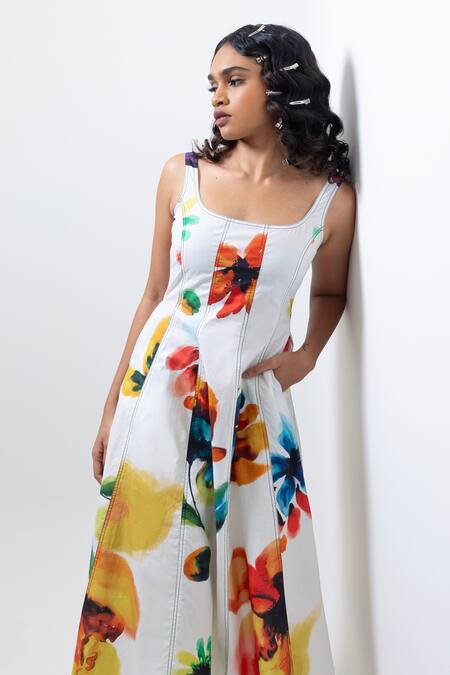 Pop Sugar_Multi Color Cotton Square Neck Floral Print Midi Dress _Online_at_Aza_Fashions