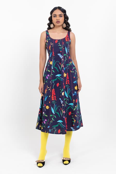 Pop Sugar Navy Cotton Square Neck Floral Print Blue Midi Dress
