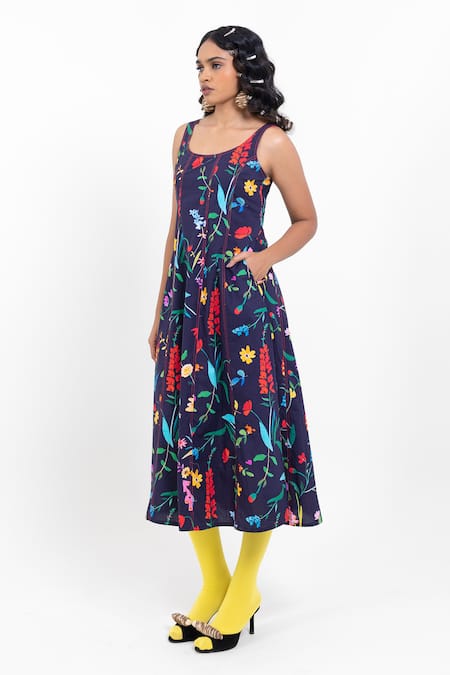 Pop Sugar_Navy Cotton Square Neck Floral Print Blue Midi Dress _Online_at_Aza_Fashions
