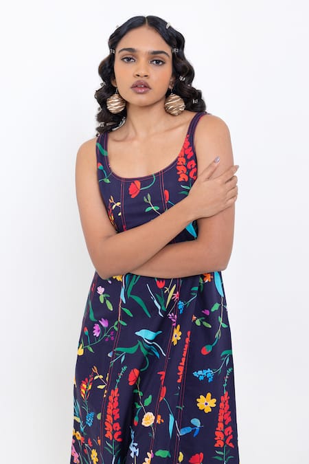 Buy_Pop Sugar_Navy Cotton Square Neck Floral Print Blue Midi Dress _Online_at_Aza_Fashions