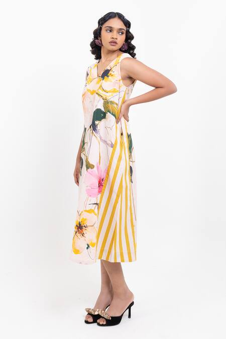 Pop Sugar_Multi Color Cotton V-neck Floral Print Midi Dress _Online_at_Aza_Fashions