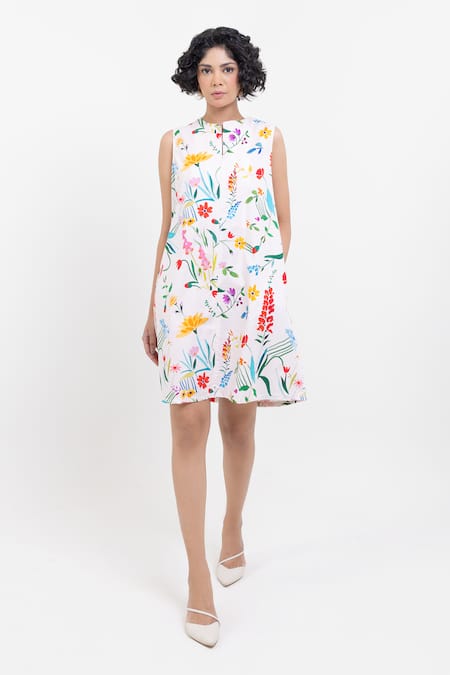 Pop Sugar White Cotton Round Neck Floral Print Short Dress