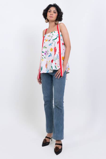 Pop Sugar_White Cotton Round Neck Floral Print Designer Top _Online_at_Aza_Fashions