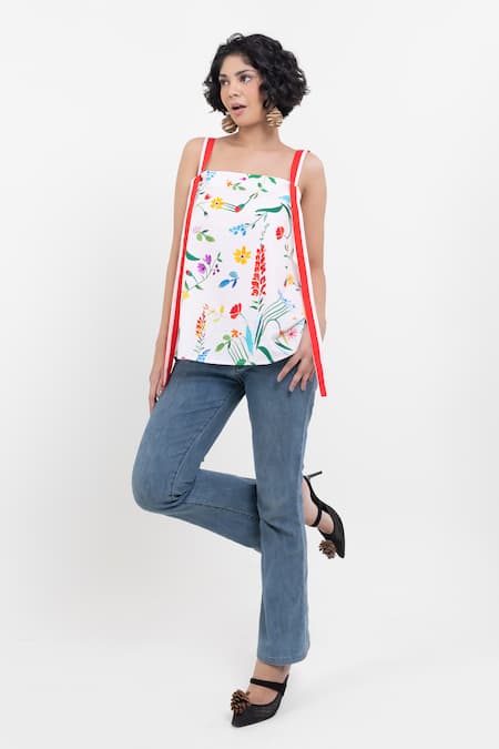 Pop Sugar White Cotton Round Neck Floral Print Designer Top