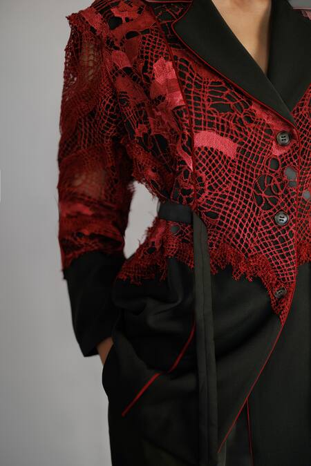 Anurag Gupta Red Crepe, Brocade Lace Map Embroidery Coat Set Online at Aza Fashions Anurag Gupta_Red Crepe, Brocade Lace Map Embroidery Coat Set _Online_at_Aza_Fashions