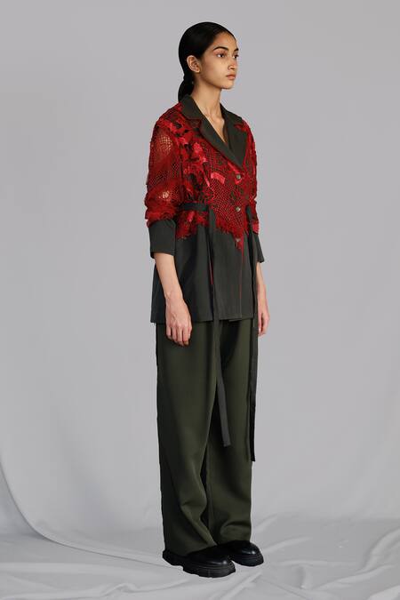 Shop Anurag Gupta Red Crepe, Brocade Lace Map Embroidery Coat Set Online at Aza Fashions Shop_Anurag Gupta_Red Crepe, Brocade Lace Map Embroidery Coat Set _Online_at_Aza_Fashions