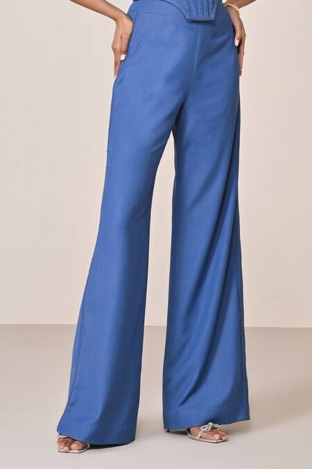 Shop_S&N By Shantnu Nikhil_Blue Viscose, Spandex Dark Denim Slim Fit Designer Pant_Online_at_Aza_Fashions