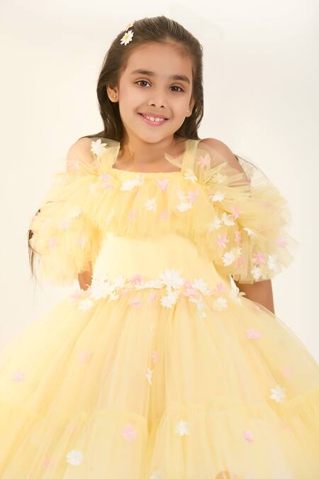 Pnk Isha Arora (Pink)_Yellow Tulle, Lycra, Satin Applique Daisy Dreams Dress _Online_at_Aza_Fashions