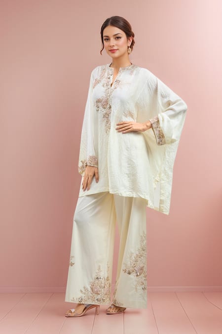 Anamika Khanna Ivory Crushed Kaftan & Palazzo Set 