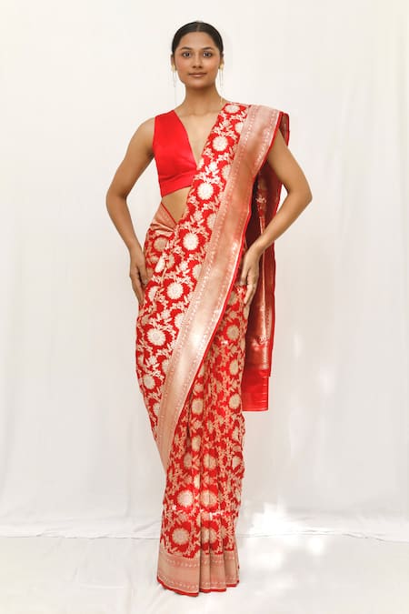 Neha & Tarun Red Silk Woven Designer Saree 