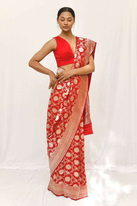 Buy_Neha & Tarun_Red Silk Woven Designer Saree _Online_at_Aza_Fashions