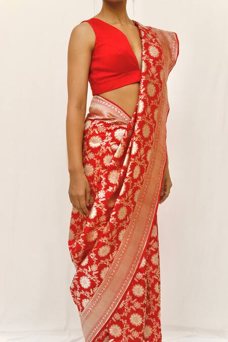 Shop_Neha & Tarun_Red Silk Woven Designer Saree _Online_at_Aza_Fashions