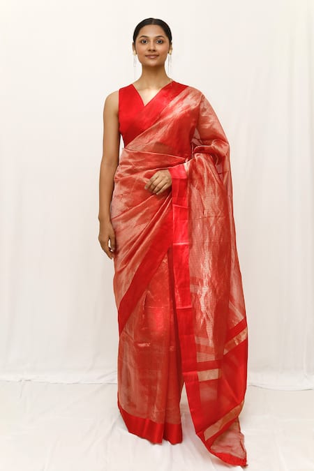 Neha & Tarun Red Silk Woven Saree With Blouse Piece 