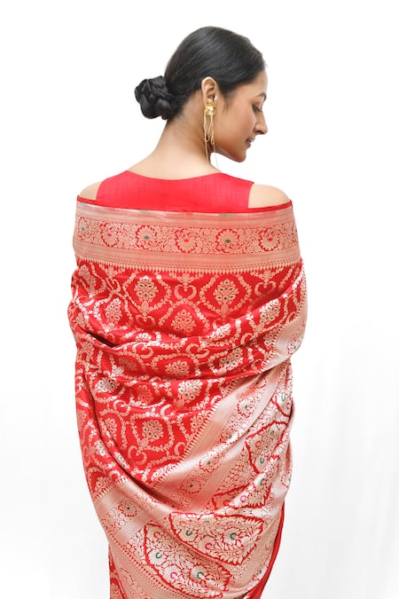 Shop_Neha & Tarun_Red Silk Embroidery Woven Saree With Blouse Piece _Online_at_Aza_Fashions