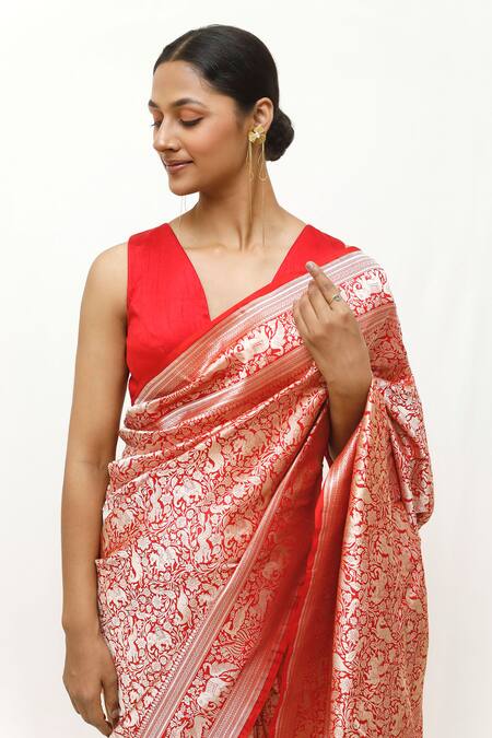 Neha & Tarun_Red Silk Designer Woven Saree _Online_at_Aza_Fashions