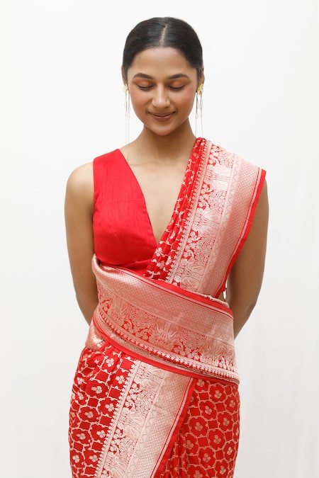 Neha & Tarun_Red Silk Zari Woven Saree With Unstitched Blouse Piece _Online_at_Aza_Fashions