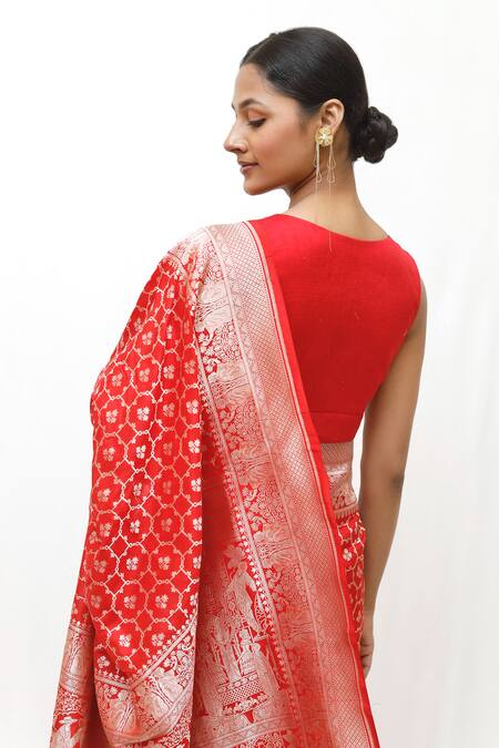 Shop_Neha & Tarun_Red Silk Zari Woven Saree With Unstitched Blouse Piece _Online_at_Aza_Fashions