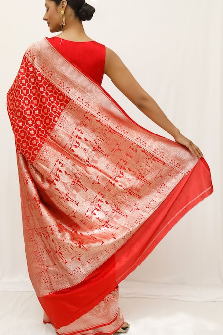 Neha & Tarun Woven Red Silk Saree with Unstitched Blouse Piece 