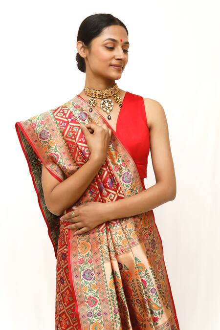 Shop_Neha & Tarun_Red Silk Zari Designer Woven Saree With Blouse Piece _Online_at_Aza_Fashions