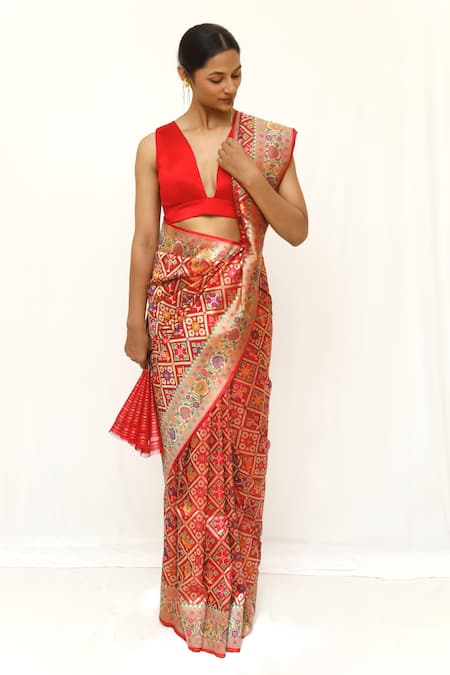 Neha & Tarun Designer Woven Red Saree with Blouse Piece 