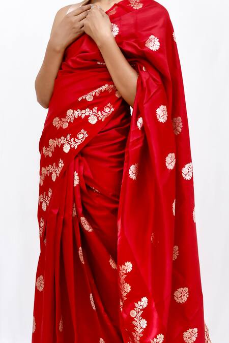 Buy_Neha & Tarun_Red Silk Embroidery Designer Saree With Unstitched Blouse Piece _Online_at_Aza_Fashions