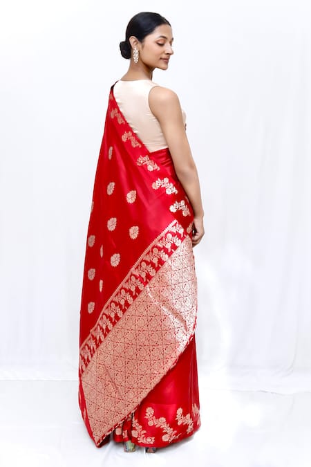 Neha & Tarun Red Silk Designer Saree with Unstitched Blouse Piece 