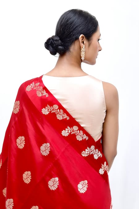 Neha & Tarun_Red Silk Embroidery Designer Saree With Unstitched Blouse Piece _at_Aza_Fashions