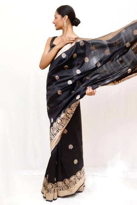 Neha & Tarun_Black Silk Embroidery Designer Saree _Online_at_Aza_Fashions