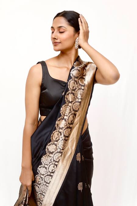 Shop_Neha & Tarun_Black Silk Embroidery Designer Saree _Online_at_Aza_Fashions
