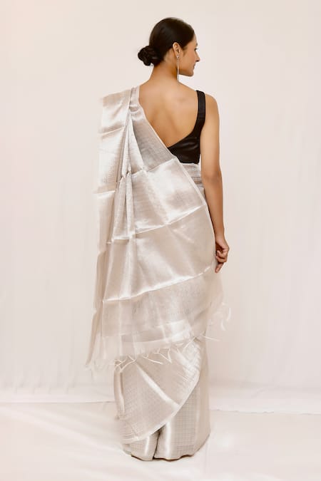 Neha & Tarun Silver Woven Silk Saree with Blouse Piece 